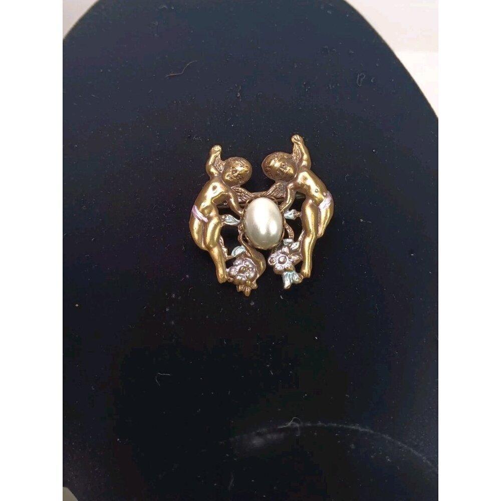 Vintage Double Cherub Brooch Two Angels Holding Faux Pearl Gold Tone Pin